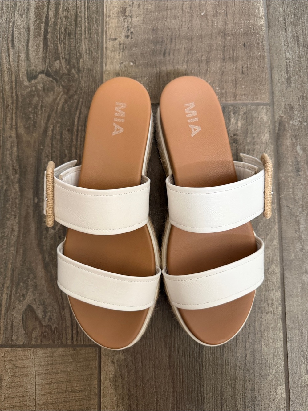MIA Women's White Double-Strap Slide Sandals with Rope Buckle